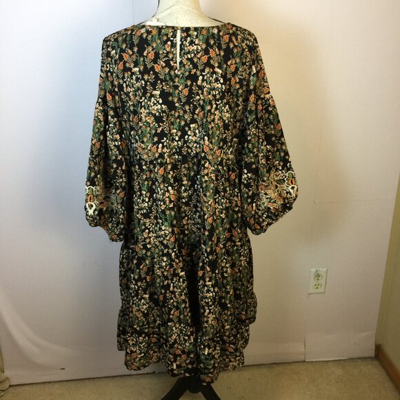 Solitaire Dress Size L Womans Black Floral Balloon Sleeve Embroidered Flowy Boho - Picture 2 of 15